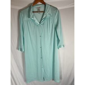 Vintage Vanity Fair Robe Medium Teal Blue Satin & Lace Pockets Chemise Lingerie